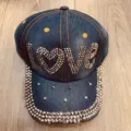 Denim honkbalpet met strass stenen LOVE kristal ontwerp casual zonnehoed voor vrouwen. - Verstelbaar / Dunkelblauw Strass LOVE Letters Stijl (09)