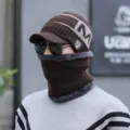 Men winter knitted hat and neck warmer set, thick plush lined thermal cap with brim for cold weather. - Hat And Scarf Set / Coffee