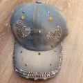 Denim honkbalpet met strass hartjespatroon, stijlvolle gebogen rand casual zomerhoed. - Verstelbaar / Lichtblauw Dubbel Hart Strass Pet (20)