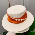 Summer French elegant pearl flat top straw hat, women fashion sun protection beach boater hat. - Adjustable / Creamy White Hat Body Orange Ribbon
