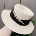Elegant pearl flat top straw hat with black ribbon, perfect for summer outdoor sun protection. - Adjustable / Creamy White Hat Body Black Ribbon