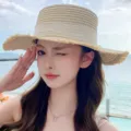 Women's wide brim straw sun hat with stylish ribbon, breathable woven summer beach cap. - M (56-58cm) / Beige with White Ribbon
