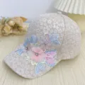 Gorra de béisbol de encaje floral para mujer, sombrero de sol con perlas y pedrería bordadas. - Beige Floral