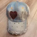 Denim honkbalpet met fonkelende strass LOVE hart, casual zonnehoed voor heren en dames. - Verstelbaar / Lichtblauw Rood Hart LOVE Strass Stijl (25)