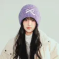 Purple knit beanie for women winter cute bow warm wool hat stylish thick slouchy cap - One Size / Purple
