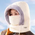 Winter warm bomber hat with integrated face mask and plush trim for men outdoor windproof - One Size / Off White