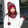 Cozy winter knit hat and neck warmer set with colorful pom-poms and warm plush lining - Hat + Neck Warmer Set / Red