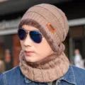 Winter men knit beanie hat and scarf set warm fleece lined outdoor cold weather brown - Hat + Neck Warmer / Khaki