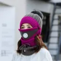 Detailed close-up of winter knitted hat with breathing valve, windproof face mask and neck warmer. - One Size / Gray