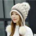 Women Winter Knitted Beanie Hat Warm Ear Flap Cute Pom Pom Fleece Lined Beige Style - Hat + Gloves Set / Khaki