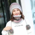 Women's warm winter knit hat and scarf set with colorful pompoms and fleece lining - Hat + Neck Warmer Set / Gray