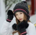 Dark Grey Winter Knit Beanie Hat and Gloves Set with Pom Pom and Earflaps for Women - Hat + Gloves Set / Black