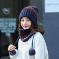 Blue multi-colored knit hat with 3 pompoms and neck warmer for women's winter warmth - Navy Blue