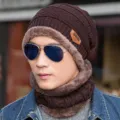 Winter men's warm knit beanie hat and scarf set fleece lined thick cold proof outdoor - Hat + Neck Warmer / Coffee
