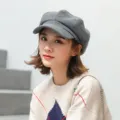Grey wool newsboy cap for women, stylish autumn winter beret hat, Korean style painter hat. - M (56-58cm) / Gray