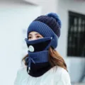 Women winter knit hat thick fleece lined windproof cycling warm cap with breathing valve. - One Size / Navy Blue
