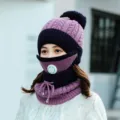 Knotted winter warm plush-lined hat set with breathing valve and ear protection. - One Size / Purple