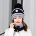 Women winter knitted beanie hat and neck warmer set with pom-pom and windproof valve design. - One Size / Black