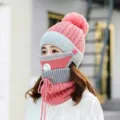 Women winter knitted beanie hat face mask neck warmer set pom pom warm pink grey - One Size / Pink