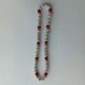 Red and silver rhinestone shamballa bead necklace close-up view, sparkling crystal clay ball design. - 10mm Beads, 54cm (5-Row Rhinestones) / Red and Silver Split (43)