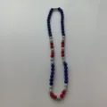Detailed view of colorful beaded necklace with blue silver red rhinestone balls and clasp. - 10mm Beads, Approx 56 Beads, 54cm (21.25inch), 6 Rows of Rhinestones / Style 27