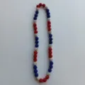 Detailed macro shot of red white blue rhinestone shamballa bead necklace with brilliant crystals. - Red White Blue Sports Version (50) / 10mm Beads, Approx 56 Pcs, 54cm, 5 Rows / Red White Blue Color