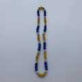 Detailed close-up of colorful rhinestone clay beads necklace with sparkling round charms. - 10mm Beads, 5 Rows (54cm) / Blue Gold Silver Mix (81)