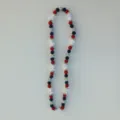 Detailed view of red white and blue rhinestone clay ball and cross beaded necklace. - 10mm Beads, Approx 56 Beads, 54cm(21.25inch), 5 Rows / Style 71