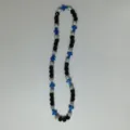 Fashion beaded necklace with black beads, silver rhinestone balls and blue cross pendants. - 10mm Beads, approx. 56 Beads, 54cm, 5 Rows / Color 83
