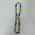 Detailed close-up view of a colorful rhinestone beaded necklace, showing sparkling bead textures. - 10mm Beads, Approx 56 Beads, 54cm, 5 Rows of Rhinestones / Yellow, Blue and Silver (96)