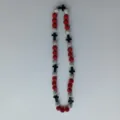 Close-up details of the red and silver rhinestone shamballa beaded necklace with black crosses. - 10mm 5 Rows (56 Beads / 54cm) / Red Silver Black Cross Style (119)