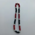 Detail view of colorful red, black and silver rhinestone Shamballa clay beads necklace. - Elastic Necklace / 10mm Beads, approx. 56 Beads, 54cm, 5 Rows / Red Black and Silver Mix (120)