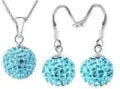 Prachtige lichtblauwe kristallen pave bal ketting en oorbellen set, stralende sieraden. - Meerblauw
