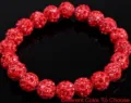 Detailed close-up view of the sparkling red crystal clay bead shamballa bracelet. - 5 Rows of Rhinestones / Size 6