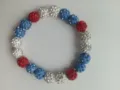 Handmade red white and blue rhinestone Shamballa bead bracelet with durable elastic cord - No.32