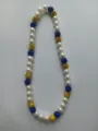 Handmade Shamballa beaded necklace with 12mm white pearls and blue yellow rhinestone balls - 198 / Approx. 44 Beads, Approx. 51cm (20 Inches)