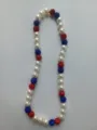 Handmade red white and blue rhinestone clay bead and faux pearl elastic necklace for sports - 199 / Approx. 44 Beads, Approx. 51cm (20 Inches)