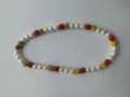 Handmade 12mm red and gold sparkling disco ball bead necklace with white pearls - Capybara 202 / Approx. 44 Beads, Approx. 51cm (20 Inches)