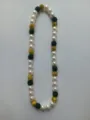 Elastic Shamballa necklace with 12mm white pearls and green gold rhinestone balls - Capybara 203 / Approx. 44 Beads, Approx. 51cm (20 Inches)