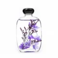 Vista dettagliata della bottiglia di vetro trasparente con fiori viola conservati. - Lavanda / Circa 100ml