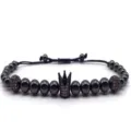 Close-up detail view of the elegant black beaded crown bracelet featuring micro-paved zircon stones. - Gun Black
