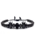 Black crown lava stone bead bracelet detail, micro-pave zirconia, adjustable braided cord. - Gun Black