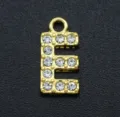 Gold plated alloy rhinestone letter E charm detail close up view, DIY jewelry part. - Letter E / Gold