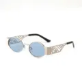 Gafas de sol ovales retro con lentes azul claro y montura metálica calada 2260 - Marco Plateado Lente Azul