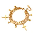 Double-layered 18K gold plated stainless steel bracelet with cross and ball charms - Cross & Bead Double Layer (C033)