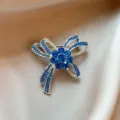 Blue crystal rhinestone bow brooch elegant vintage suit lapel pin for women exquisite jewelry - 923#