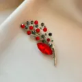 Elegant red crystal rhinestone brooch vintage gold tone plant feather corsage for women - No. 1013