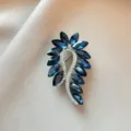Vintage crystal rhinestone brooch elegant blue leaf lapel pin for women suit jacket dress - No. 1040