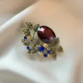 Vintage crystal brooch pin with red stone gold tone flower leaf for women elegant suit decor - 1061#