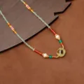Handmade New Chinese style necklace with freshwater pearls, agate, and green prehnite. - 18K Gold Plated Multicolor